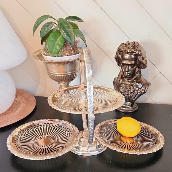 Vintage Queen Anne 3 Tier Folding Silver Plated Server Tray - Picture 3 of 5